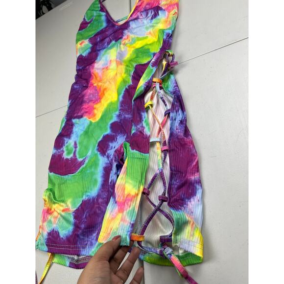 Women's XL Rainbow Tie Dye Sexy Halter Backless Deep V Neck Bodycon Rompers - Picture 6 of 10